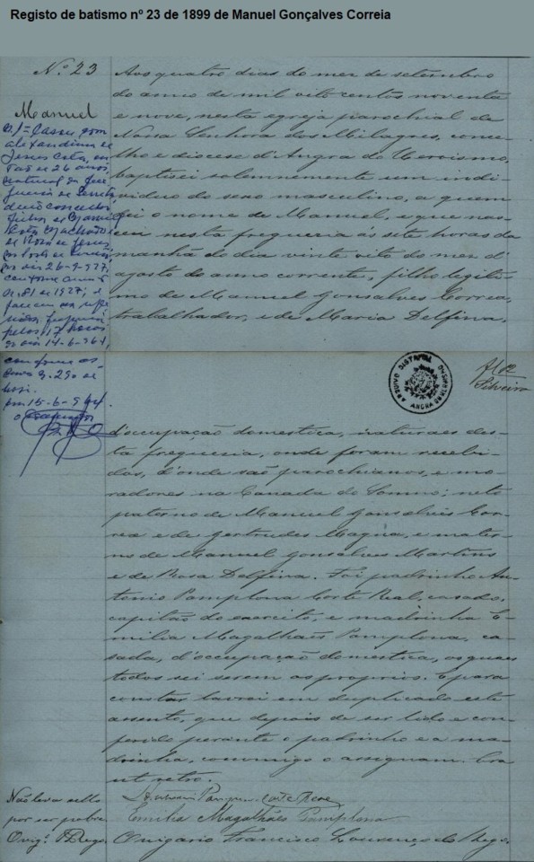 Registo 23 batismo Manuel G Correia TER-AH-SERRETA 1899